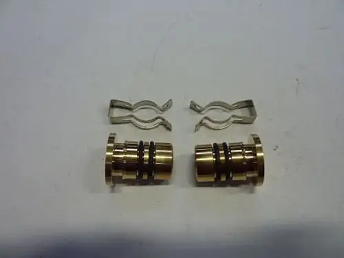 Zwei metallene Stopfen mit schwarzen Dichtungen und zwei dazugehörige Clips. Produkt von Remeha, geeignet für den Einsatz in Kollektoren.